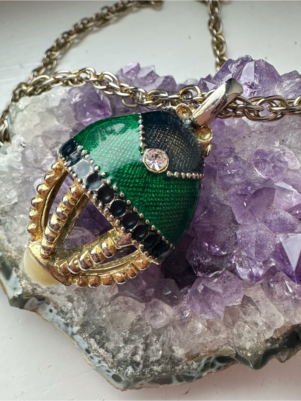 Green Enamel and Gold Tone Egg Pendant Long Necklace